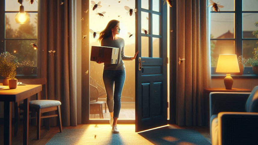 A cozy apartment interior at dusk, with an open door leading to a terrace. The room is warmly lit, a